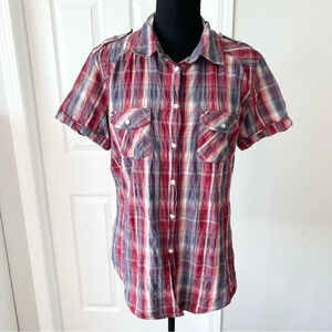 MEC Short  Sleeve Snap Button Plaid Western Shirt